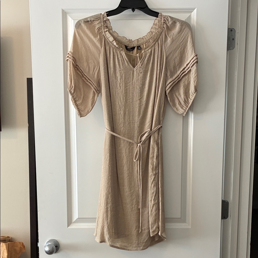 Mlle Gabrielle Tan Midi Dress with Tie Waist